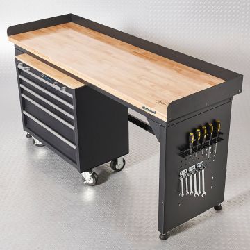 Werkbank PRO - eiken werkblad - gereedschapswagen - 200 cm - zwart