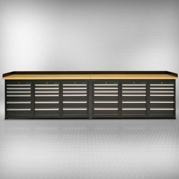 Werkbank PRO - bamboe werkblad - 36 lades - 400 cm - zwart