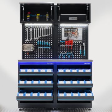 Werkplaatsinrichting PREMIUM RVS werkblad met opbergbakken – 136 centimeter