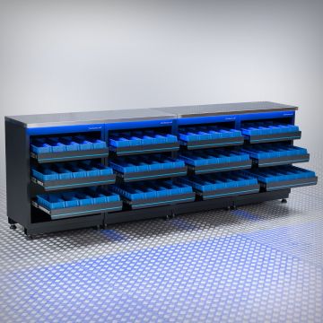 Werkbank PREMIUM RVS werkblad met opbergbakken – 272 centimeter
