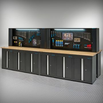 Werkbank PRO eiken - 12 opbergkasten - 4 gereedschapskasten - 400 cm - zwart