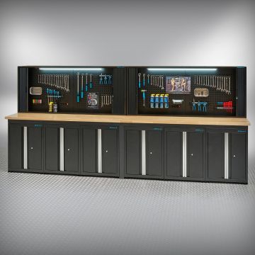 Werkbank PRO eiken - 6 opbergkasten - 2 gereedschapskasten - 200 cm - zwart
