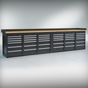 Werkbank PRO – eiken werkblad – 36 lades – 400 cm – zwart