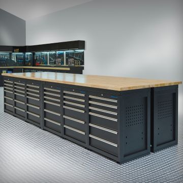 Werkbank PRO - eiken werkblad - 72 lades - 400 cm - zwart