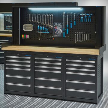 Werkbank PRO – eiken werkblad – 18 lades – gereedschapskast – 200 cm – zwart