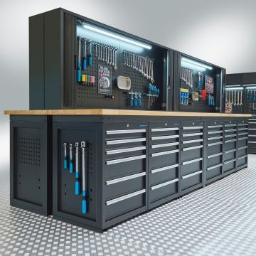Werkbank PRO – eiken werkblad – 72 lades – met gereedschapskast – zwart