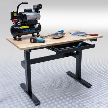 Verstelbare werkbank – elektrisch in hoogte verstelbare werktafel met eiken werkblad & lade