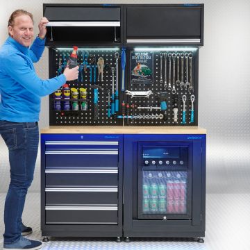 Werkplaatsinrichting PREMIUM eiken werkblad met koelkast – 135cm breed