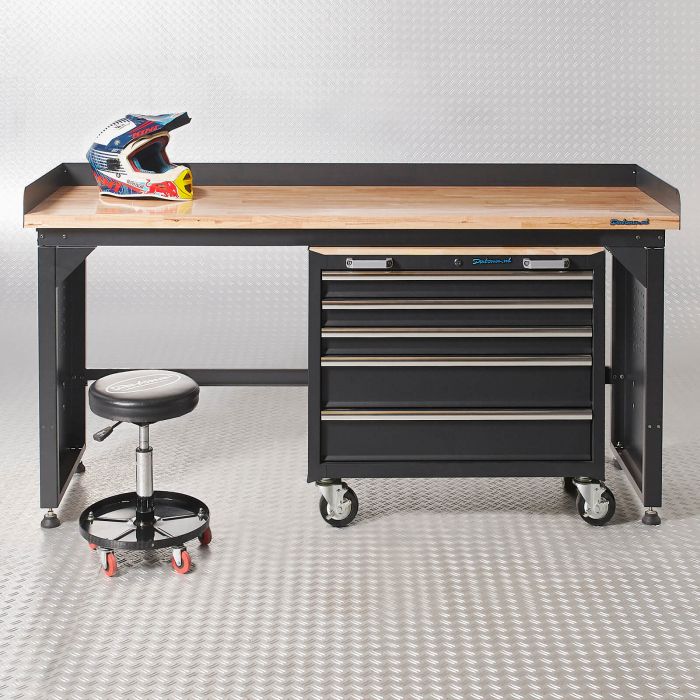 Werkbank PRO -  bamboe werkblad - gereedschapswagen - 200 cm - zwart