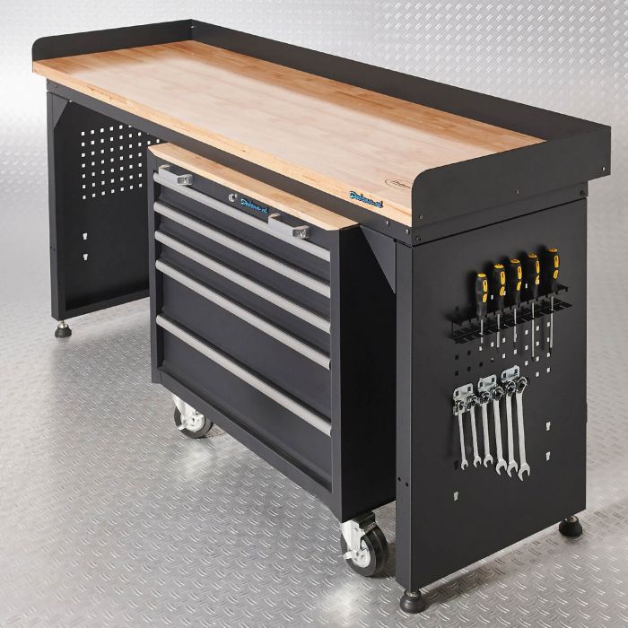 Werkbank PRO - eiken werkblad - gereedschapswagen - 200 cm - zwart-1