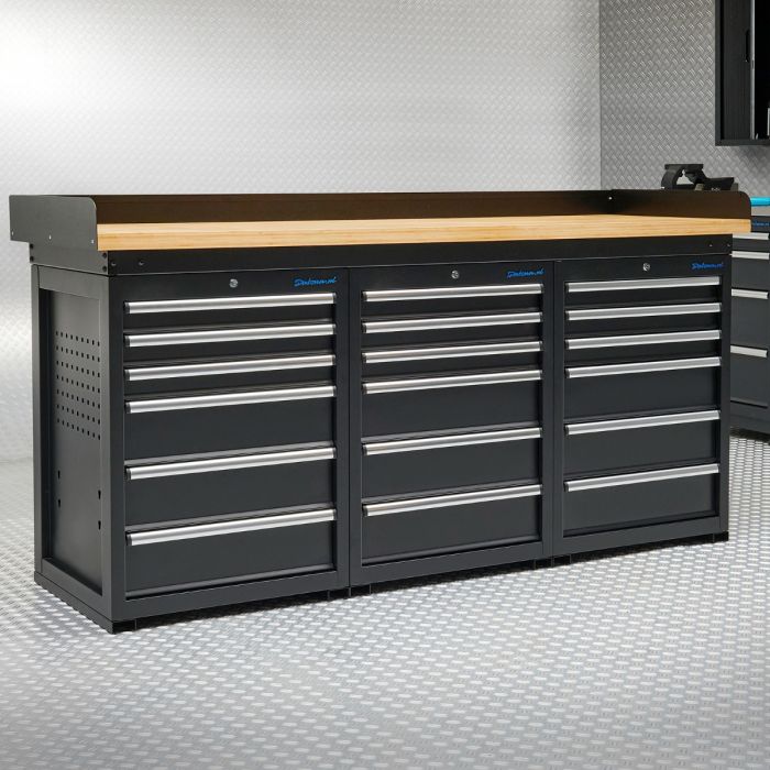 Werkbank PRO - eiken werkblad - 18 lades - 200 cm - zwart-6