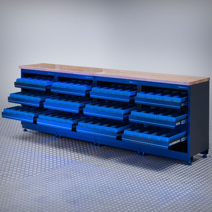 Werkbank PREMIUM eiken werkblad met opbergbakken – 272 cm