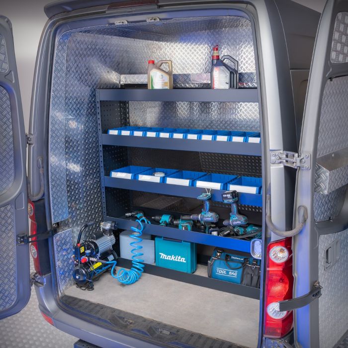 Bedrijfswageninrichting - 158 x 39 x 145 cm - Inbouwkast + 4 planken & 13 bakken