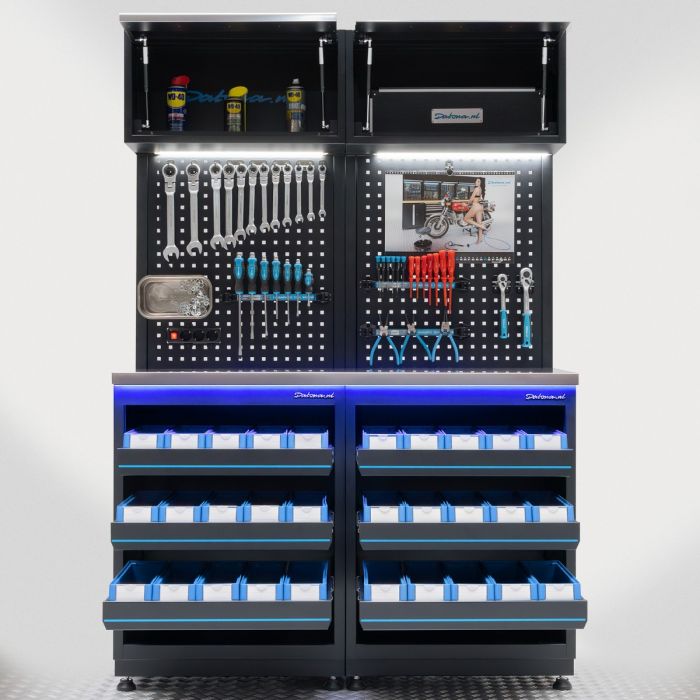 Werkplaatsinrichting PREMIUM RVS werkblad met opbergbakken – 136 centimeter