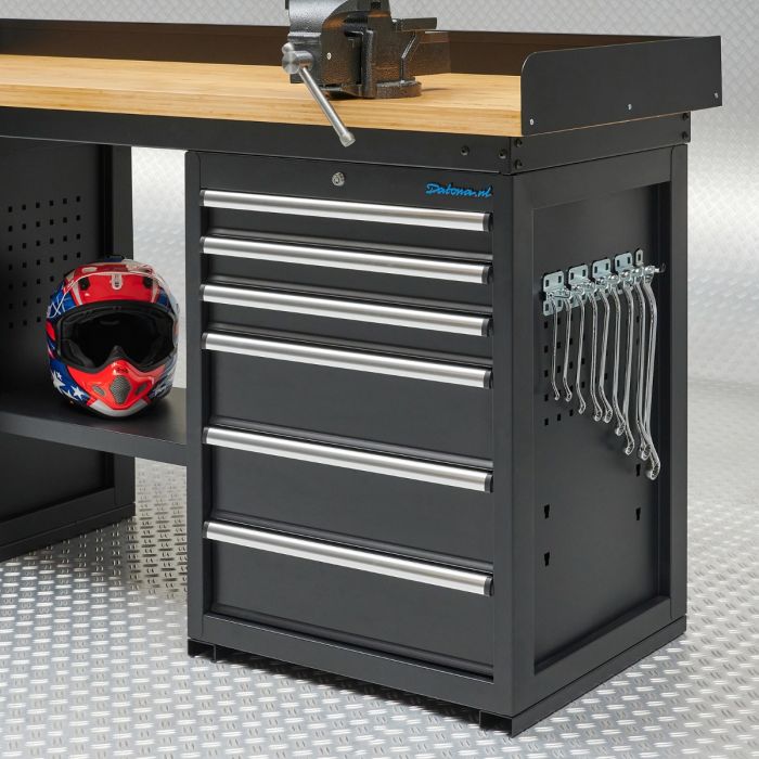 Werkbank PRO - eiken werkblad - 18 lades - 200 cm - zwart-9