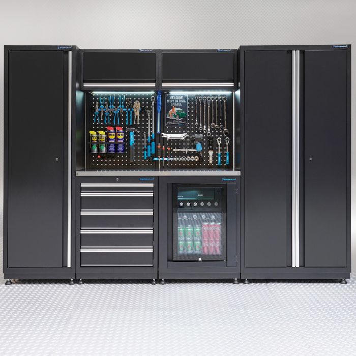 Werkplaatsinrichting PREMIUM RVS werkblad met koelkast – 285 cm breed-1