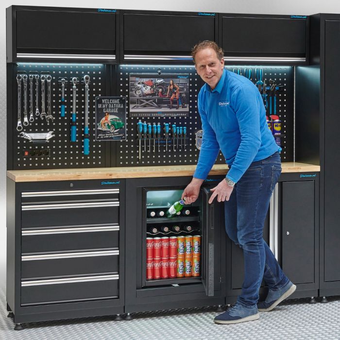 Werkplaatsinrichting PREMIUM eiken werkblad met koelkast – 294 cm breed-1