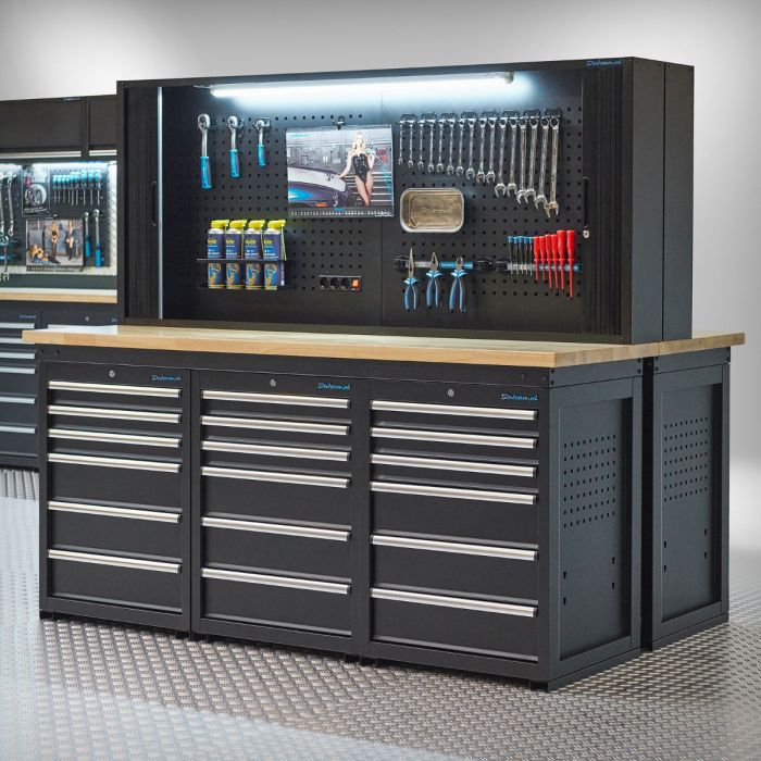 Werkbank PRO – eiken werkblad – 36 lades – met gereedschapskast – zwart