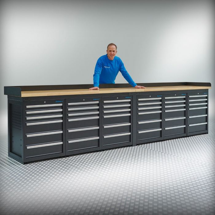 Werkbank PRO – eiken werkblad – 36 lades – 400 cm – zwart-2