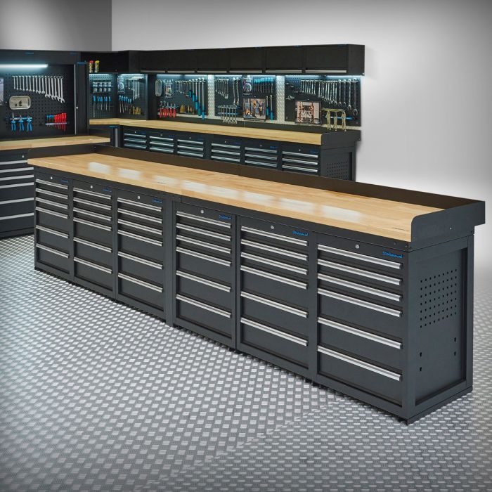 Werkbank PRO – eiken werkblad – 36 lades – 400 cm – zwart-1