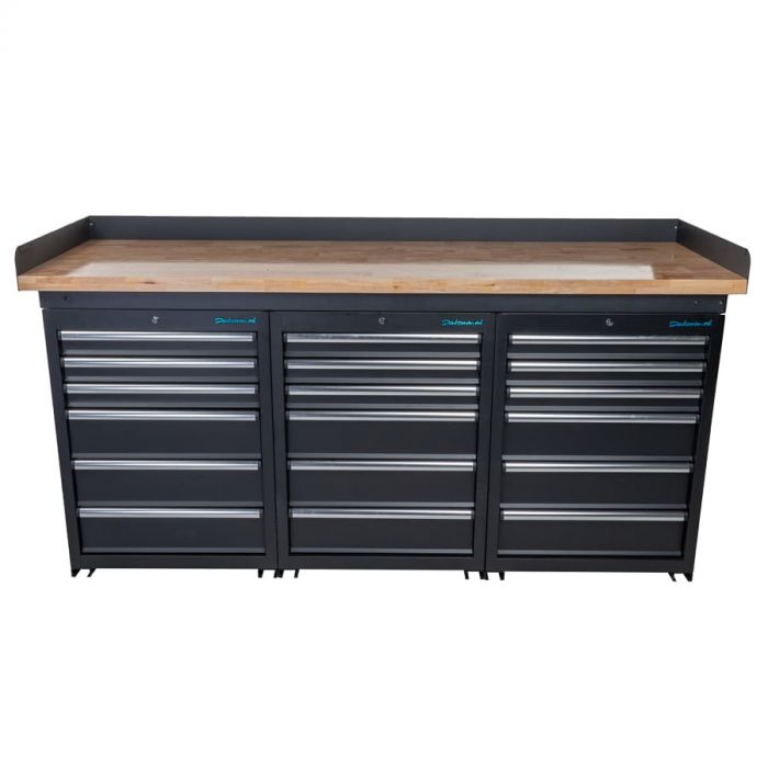Werkbank PRO - eiken werkblad - 18 lades - 200 cm - zwart-25