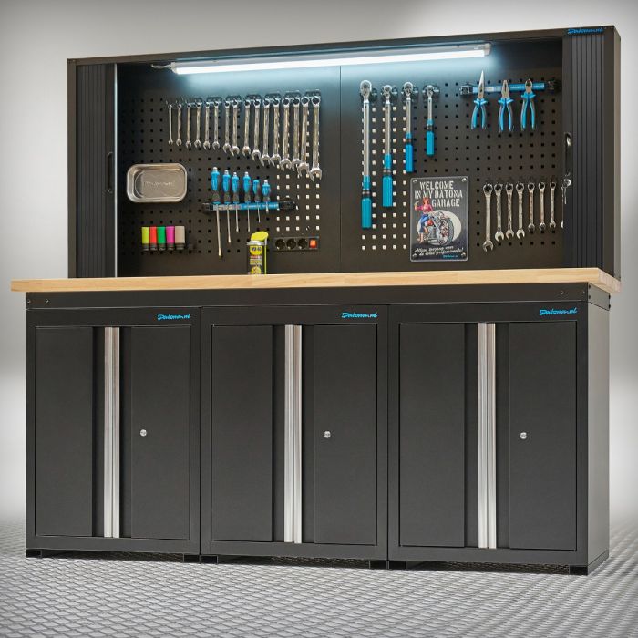 Werkbank PRO eiken - 3 opbergkasten - 1 gereedschapskasten - 200 cm - zwart