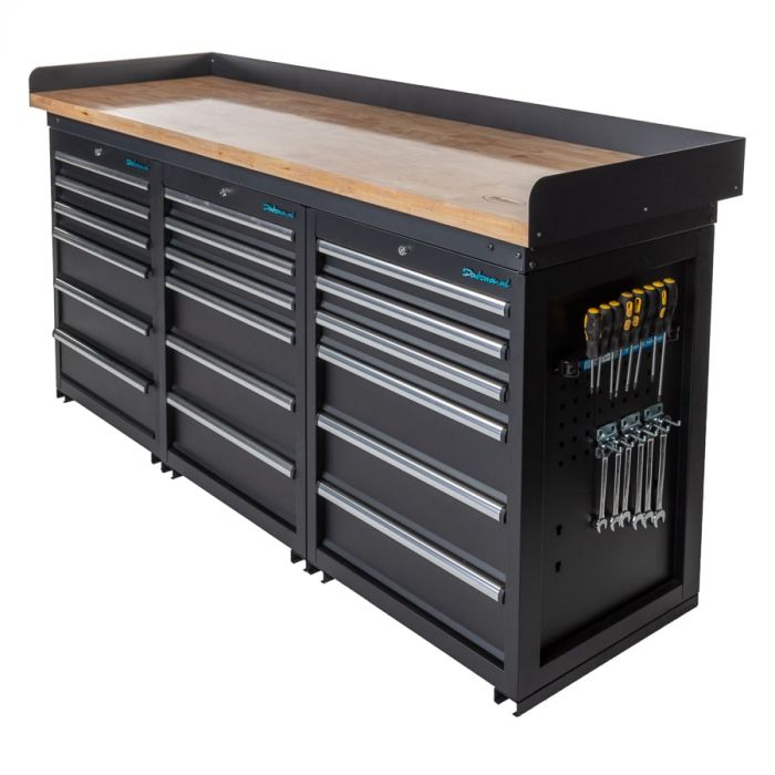 Werkbank PRO - eiken werkblad - 18 lades - 200 cm - zwart-23