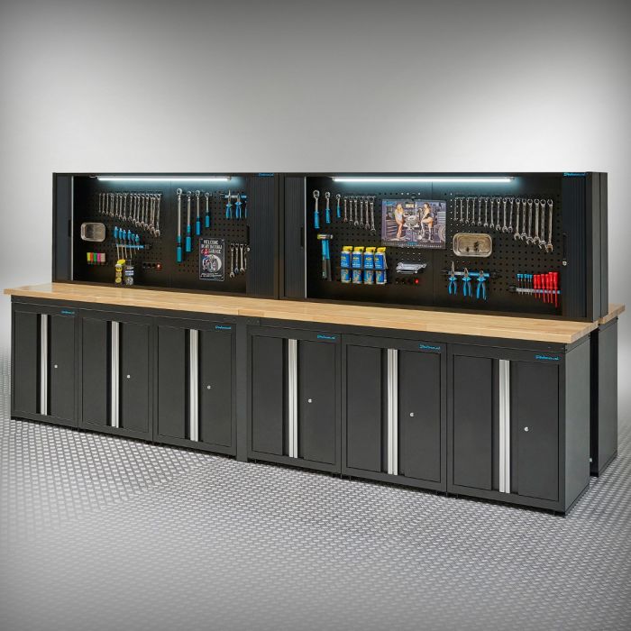 Werkbank PRO eiken - 12 opbergkasten - 4 gereedschapskasten - 400 cm - zwart