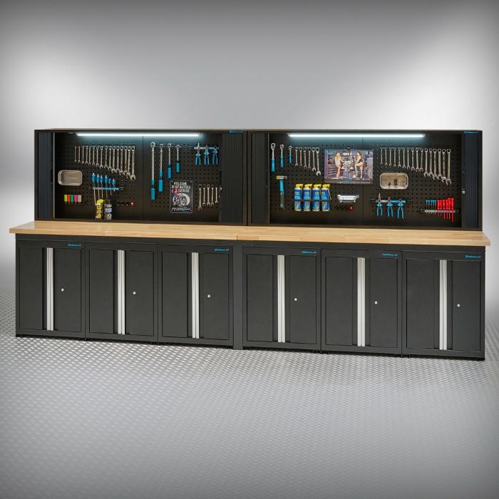 Werkbank PRO eiken - 6 opbergkasten - 2 gereedschapskasten - 200 cm - zwart