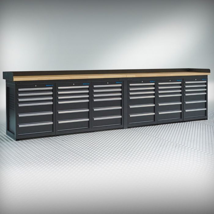 Werkbank PRO – eiken werkblad – 36 lades – 400 cm – zwart