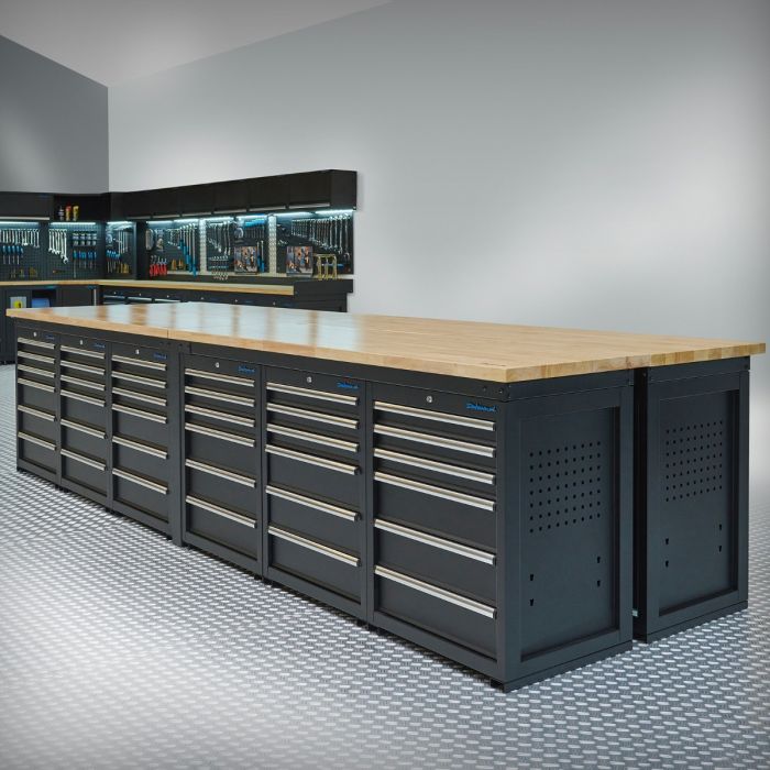 Werkbank PRO - eiken werkblad - 72 lades - 400 cm - zwart
