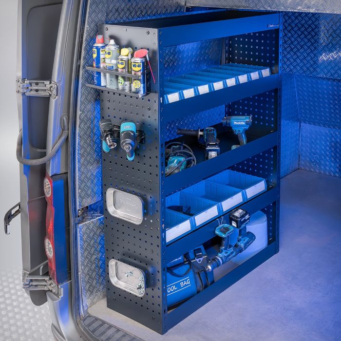 Bedrijfswageninrichting - 105 x 39 x 145 cm - Inbouwkast + 4 planken & 13 bakken