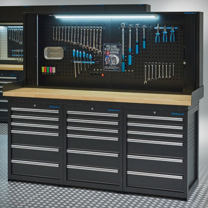 Werkbank PRO – eiken werkblad – 18 lades – gereedschapskast – 200 cm – zwart