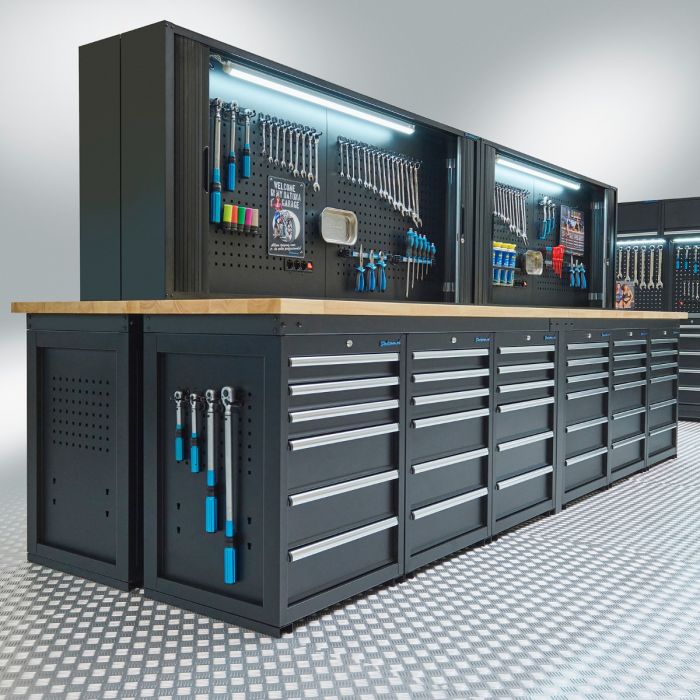 Werkbank PRO – eiken werkblad – 72 lades – met gereedschapskast – zwart