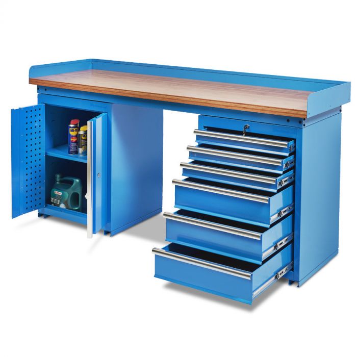 Werkbank PRO bamboe - 6 lades - opbergkast - 200 cm - blauw-23