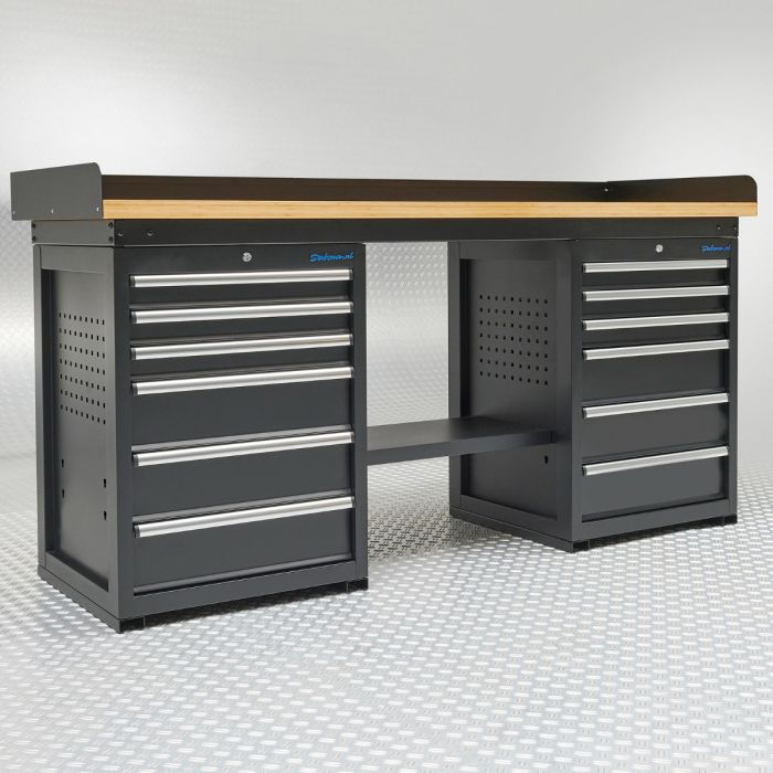 Werkbank PRO - eiken werkblad - 12 lades - 200 cm - zwart-9