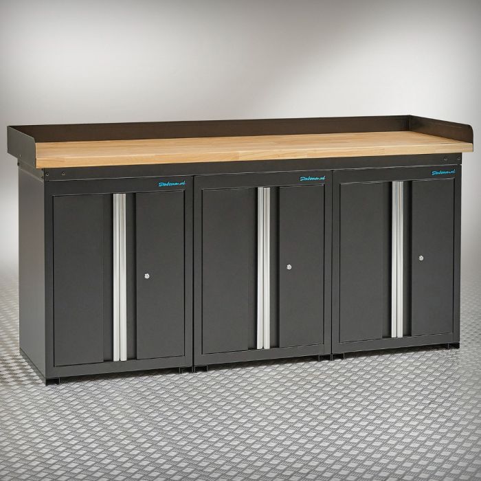 Werkbank PRO eiken - 3 opbergkasten - 200 cm - zwart